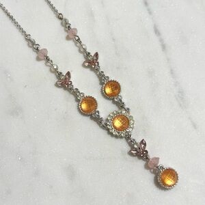 Avon Pretty Pastel Pink Butterfly Orange and Clear Faceted Stone Y Necklace